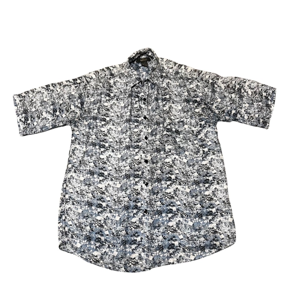 Bruno Medium 100% Silk Button Down Shirt Blue Gray Abstract Short Sleeve Casual
